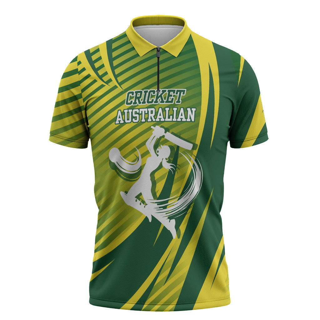 Australian Cricket Zipper Polo Shirt Dynamic Stripe Graphic With Player Silhouette