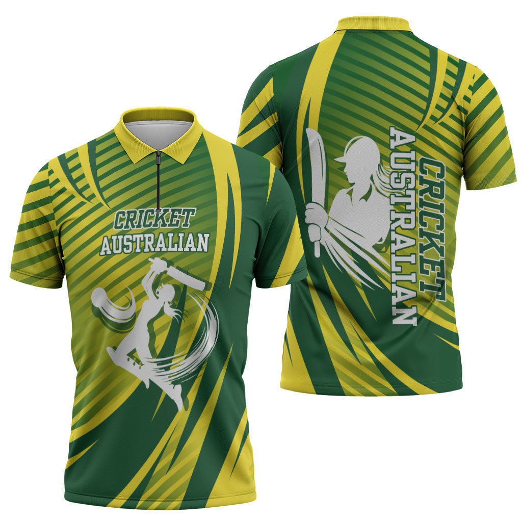Australian Cricket Zipper Polo Shirt Dynamic Stripe Graphic With Player Silhouette