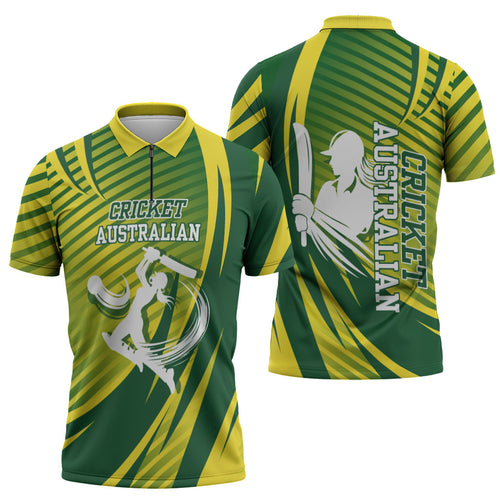 Australian Cricket Zipper Polo Shirt Dynamic Stripe Graphic With Player Silhouette