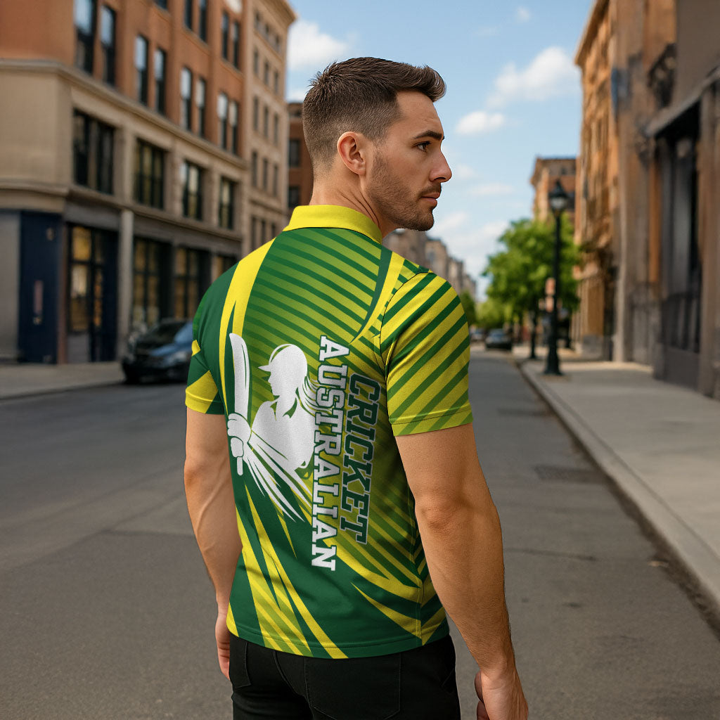 Australian Cricket Zipper Polo Shirt Dynamic Stripe Graphic With Player Silhouette