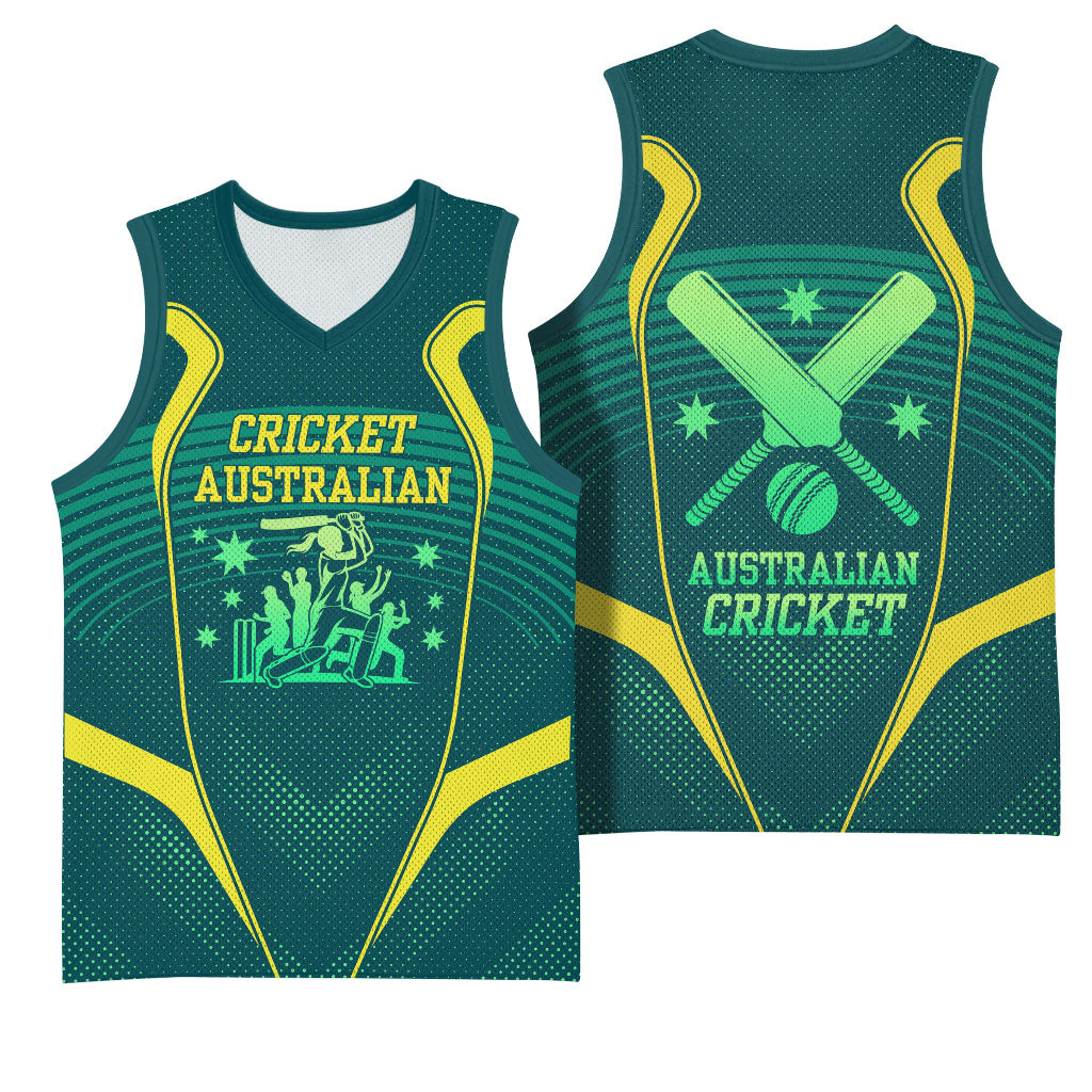 Australian Cricket Basketball Jersey Dark Green Halftone Tech Graphic - Southern Cross Stars