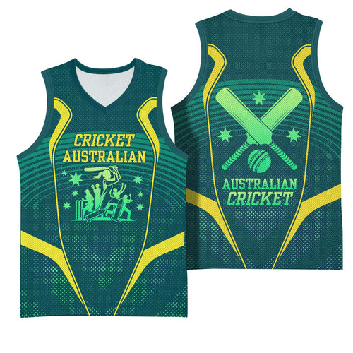 Australian Cricket Basketball Jersey Dark Green Halftone Tech Graphic - Southern Cross Stars
