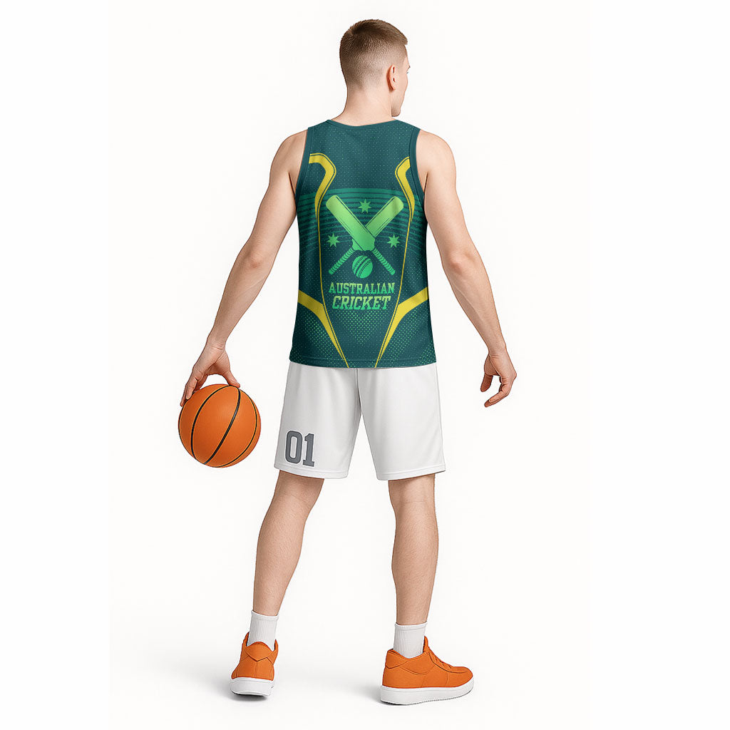 Australian Cricket Basketball Jersey Dark Green Halftone Tech Graphic - Southern Cross Stars
