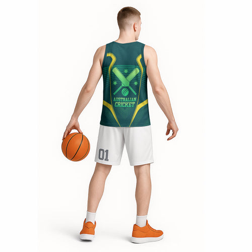 Australian Cricket Basketball Jersey Dark Green Halftone Tech Graphic - Southern Cross Stars