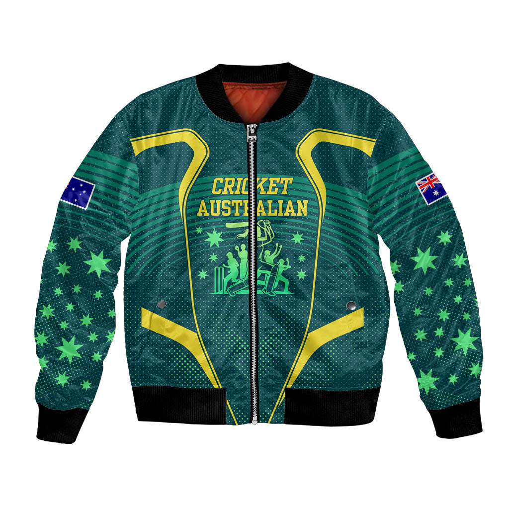 Australian Cricket Bomber Jacket Dark Green Halftone Tech Graphic - Southern Cross Stars