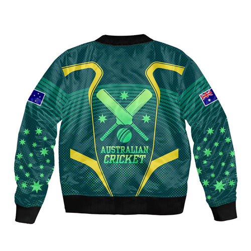 Australian Cricket Bomber Jacket Dark Green Halftone Tech Graphic - Southern Cross Stars