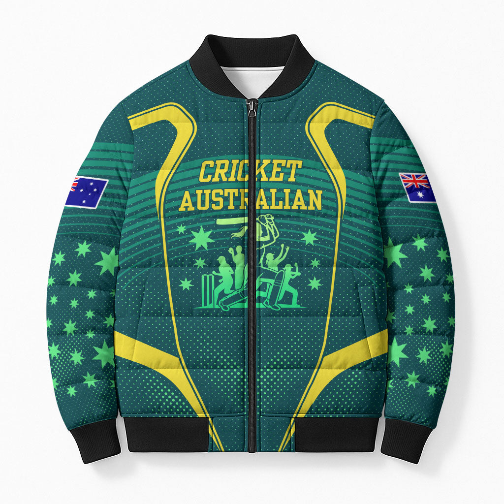 Australian Cricket Bomber Puffer Jacket Dark Green Halftone Tech Graphic - Southern Cross Stars