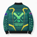 Australian Cricket Bomber Puffer Jacket Dark Green Halftone Tech Graphic - Southern Cross Stars