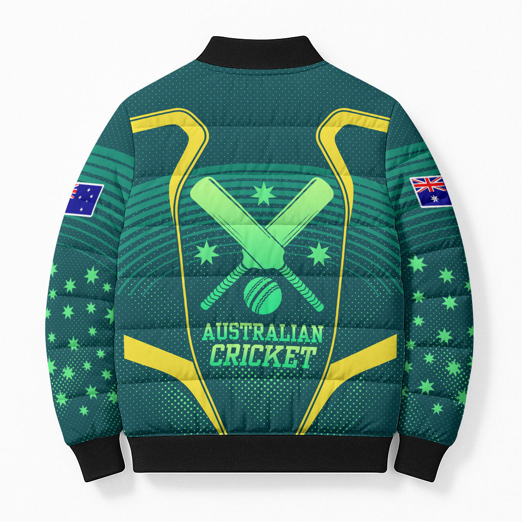 Australian Cricket Bomber Puffer Jacket Dark Green Halftone Tech Graphic - Southern Cross Stars