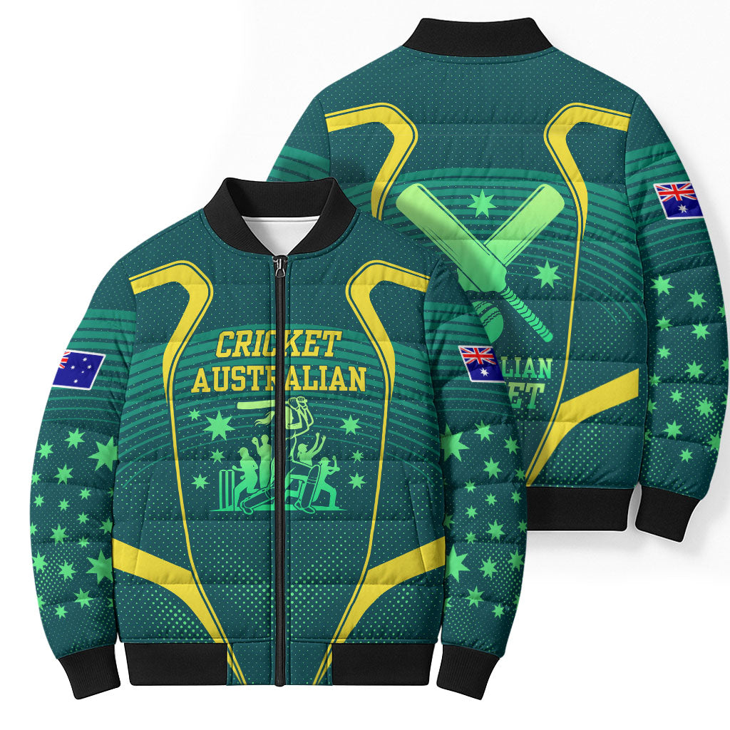 Australian Cricket Bomber Puffer Jacket Dark Green Halftone Tech Graphic - Southern Cross Stars