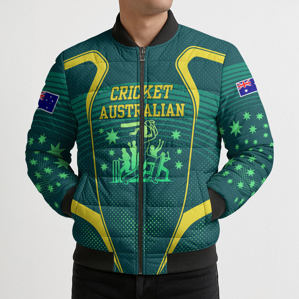 Australian Cricket Bomber Puffer Jacket Dark Green Halftone Tech Graphic - Southern Cross Stars