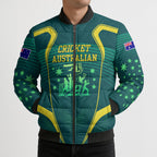 Australian Cricket Bomber Puffer Jacket Dark Green Halftone Tech Graphic - Southern Cross Stars