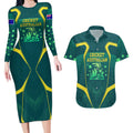 Australian Cricket Couples Matching Long Sleeve Bodycon Dress and Hawaiian Shirt Dark Green Halftone Tech Graphic - Southern Cross Stars