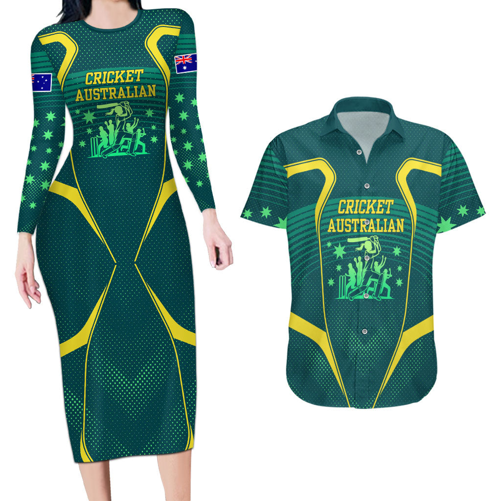Australian Cricket Couples Matching Long Sleeve Bodycon Dress and Hawaiian Shirt Dark Green Halftone Tech Graphic - Southern Cross Stars