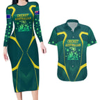 Australian Cricket Couples Matching Long Sleeve Bodycon Dress and Hawaiian Shirt Dark Green Halftone Tech Graphic - Southern Cross Stars