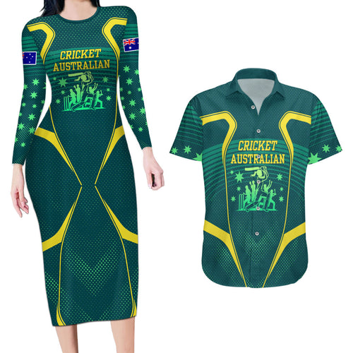 Australian Cricket Couples Matching Long Sleeve Bodycon Dress and Hawaiian Shirt Dark Green Halftone Tech Graphic - Southern Cross Stars