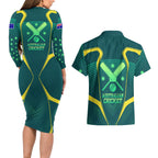Australian Cricket Couples Matching Long Sleeve Bodycon Dress and Hawaiian Shirt Dark Green Halftone Tech Graphic - Southern Cross Stars