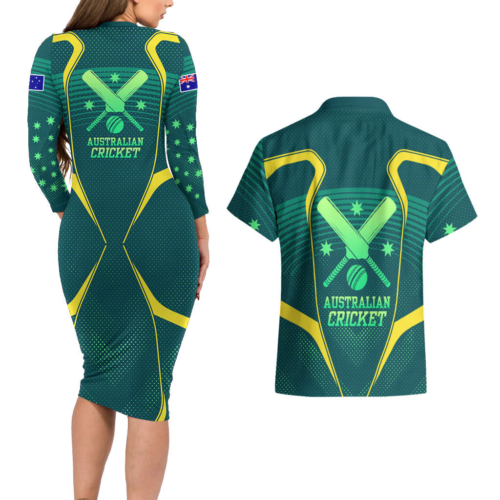 Australian Cricket Couples Matching Long Sleeve Bodycon Dress and Hawaiian Shirt Dark Green Halftone Tech Graphic - Southern Cross Stars