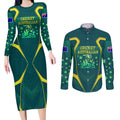 Australian Cricket Couples Matching Long Sleeve Bodycon Dress and Long Sleeve Button Shirt Dark Green Halftone Tech Graphic - Southern Cross Stars