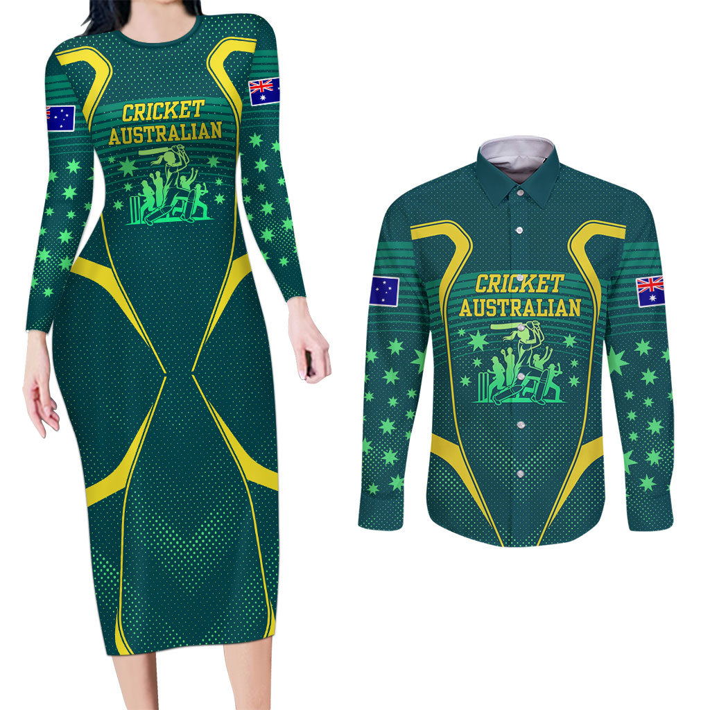 Australian Cricket Couples Matching Long Sleeve Bodycon Dress and Long Sleeve Button Shirt Dark Green Halftone Tech Graphic - Southern Cross Stars