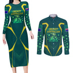 Australian Cricket Couples Matching Long Sleeve Bodycon Dress and Long Sleeve Button Shirt Dark Green Halftone Tech Graphic - Southern Cross Stars