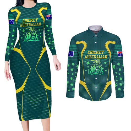 Australian Cricket Couples Matching Long Sleeve Bodycon Dress and Long Sleeve Button Shirt Dark Green Halftone Tech Graphic - Southern Cross Stars