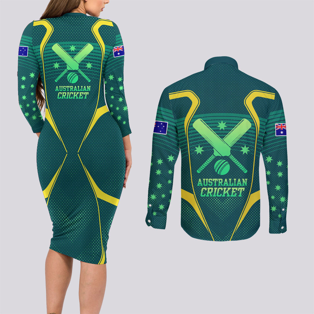 Australian Cricket Couples Matching Long Sleeve Bodycon Dress and Long Sleeve Button Shirt Dark Green Halftone Tech Graphic - Southern Cross Stars