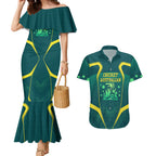 Australian Cricket Couples Matching Mermaid Dress and Hawaiian Shirt Dark Green Halftone Tech Graphic - Southern Cross Stars