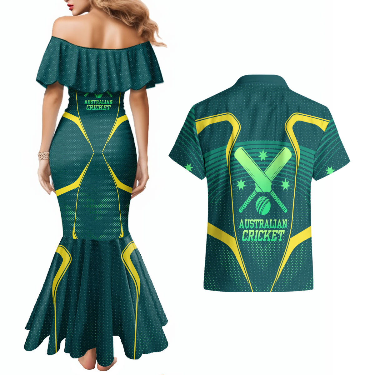 Australian Cricket Couples Matching Mermaid Dress and Hawaiian Shirt Dark Green Halftone Tech Graphic - Southern Cross Stars