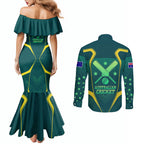 Australian Cricket Couples Matching Mermaid Dress and Long Sleeve Button Shirt Dark Green Halftone Tech Graphic - Southern Cross Stars