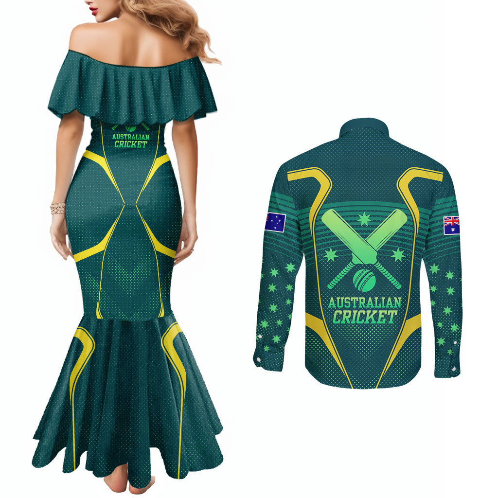Australian Cricket Couples Matching Mermaid Dress and Long Sleeve Button Shirt Dark Green Halftone Tech Graphic - Southern Cross Stars