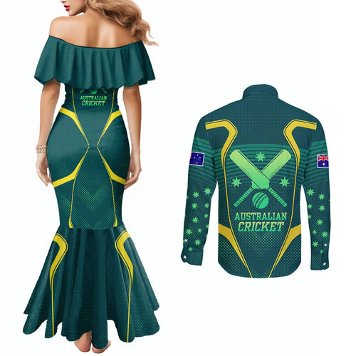 Australian Cricket Couples Matching Mermaid Dress and Long Sleeve Button Shirt Dark Green Halftone Tech Graphic - Southern Cross Stars