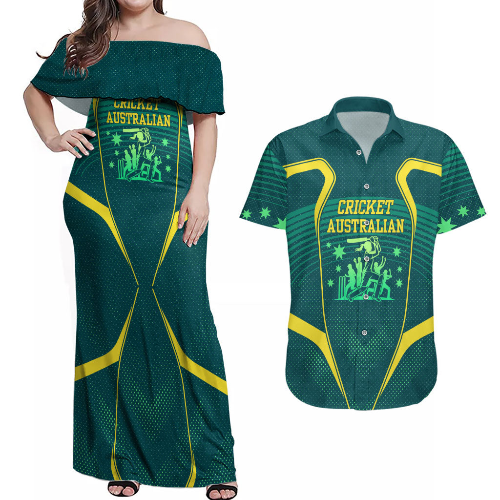 Australian Cricket Couples Matching Off Shoulder Maxi Dress and Hawaiian Shirt Dark Green Halftone Tech Graphic - Southern Cross Stars