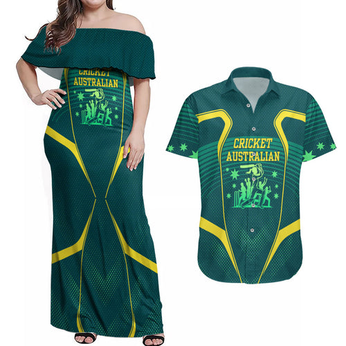 Australian Cricket Couples Matching Off Shoulder Maxi Dress and Hawaiian Shirt Dark Green Halftone Tech Graphic - Southern Cross Stars