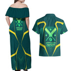 Australian Cricket Couples Matching Off Shoulder Maxi Dress and Hawaiian Shirt Dark Green Halftone Tech Graphic - Southern Cross Stars