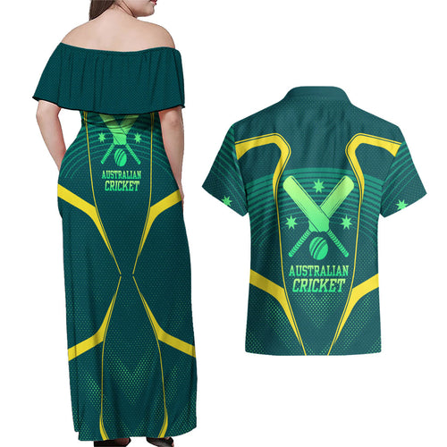 Australian Cricket Couples Matching Off Shoulder Maxi Dress and Hawaiian Shirt Dark Green Halftone Tech Graphic - Southern Cross Stars