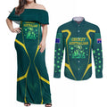 Australian Cricket Couples Matching Off Shoulder Maxi Dress and Long Sleeve Button Shirt Dark Green Halftone Tech Graphic - Southern Cross Stars