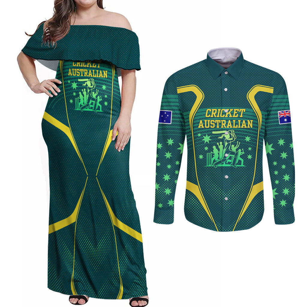 Australian Cricket Couples Matching Off Shoulder Maxi Dress and Long Sleeve Button Shirt Dark Green Halftone Tech Graphic - Southern Cross Stars