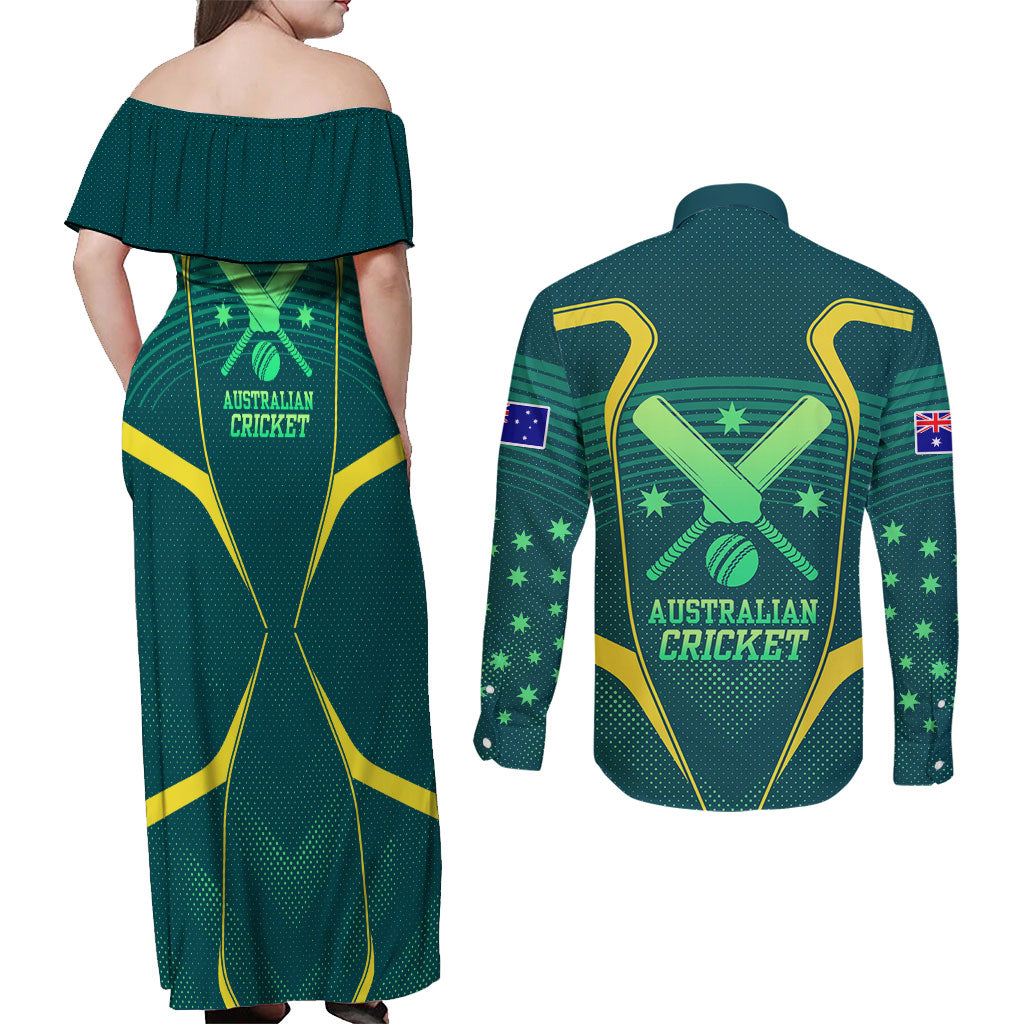 Australian Cricket Couples Matching Off Shoulder Maxi Dress and Long Sleeve Button Shirt Dark Green Halftone Tech Graphic - Southern Cross Stars