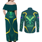 Australian Cricket Couples Matching Off Shoulder Maxi Dress and Long Sleeve Button Shirt Dark Green Halftone Tech Graphic - Southern Cross Stars