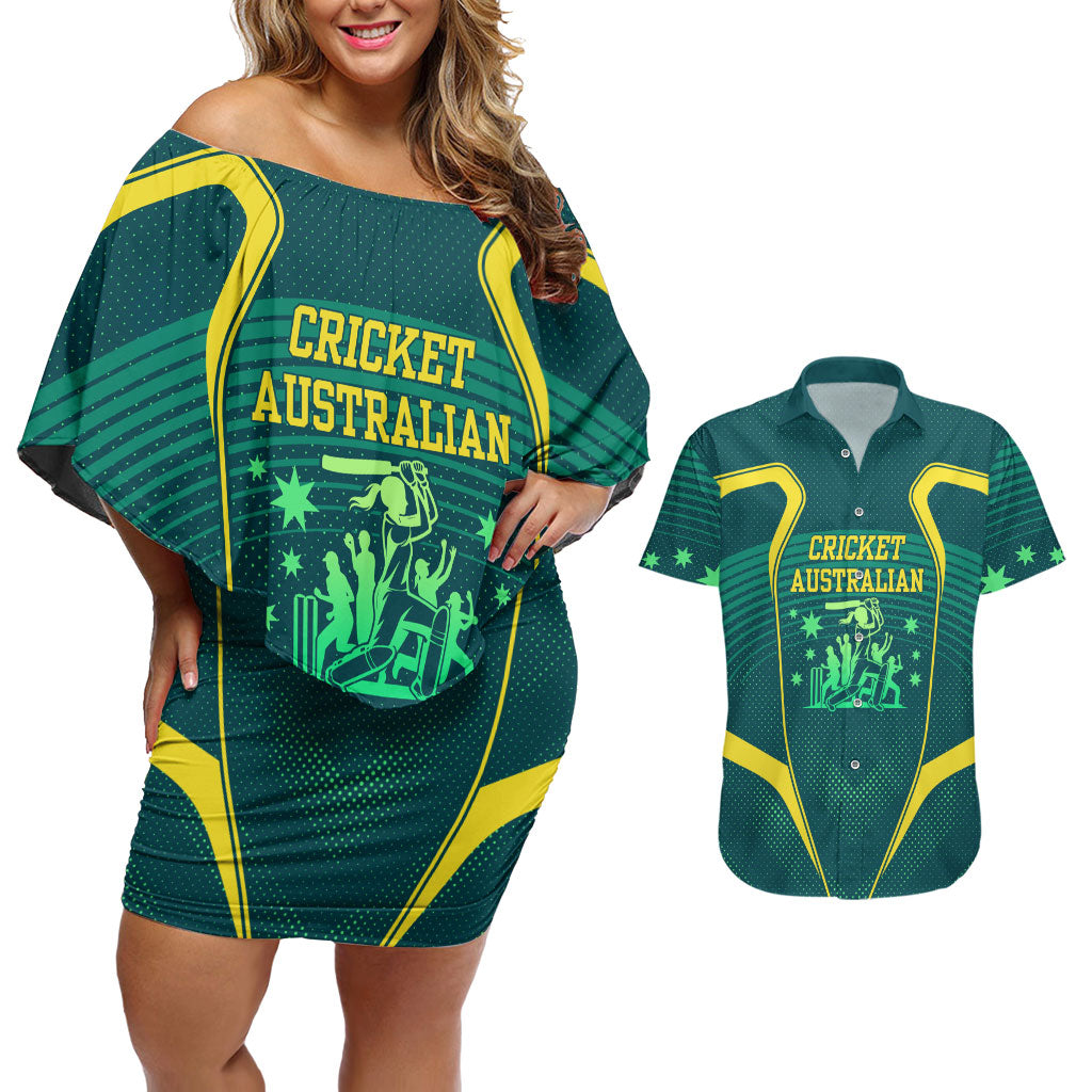 Australian Cricket Couples Matching Off Shoulder Short Dress and Hawaiian Shirt Dark Green Halftone Tech Graphic - Southern Cross Stars