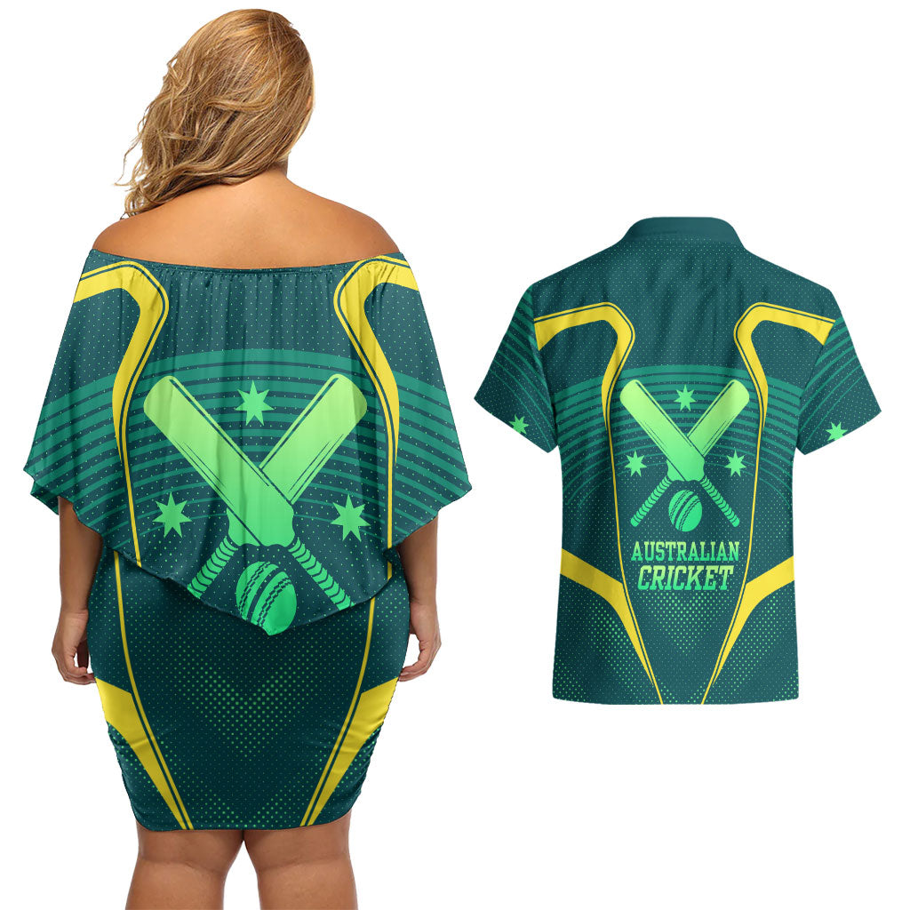 Australian Cricket Couples Matching Off Shoulder Short Dress and Hawaiian Shirt Dark Green Halftone Tech Graphic - Southern Cross Stars