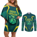 Australian Cricket Couples Matching Off Shoulder Short Dress and Long Sleeve Button Shirt Dark Green Halftone Tech Graphic - Southern Cross Stars