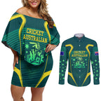 Australian Cricket Couples Matching Off Shoulder Short Dress and Long Sleeve Button Shirt Dark Green Halftone Tech Graphic - Southern Cross Stars