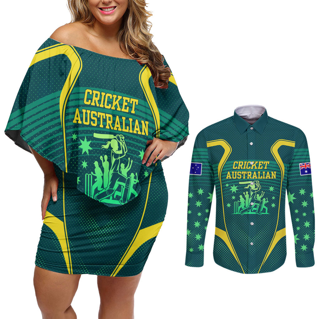 Australian Cricket Couples Matching Off Shoulder Short Dress and Long Sleeve Button Shirt Dark Green Halftone Tech Graphic - Southern Cross Stars