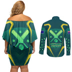 Australian Cricket Couples Matching Off Shoulder Short Dress and Long Sleeve Button Shirt Dark Green Halftone Tech Graphic - Southern Cross Stars
