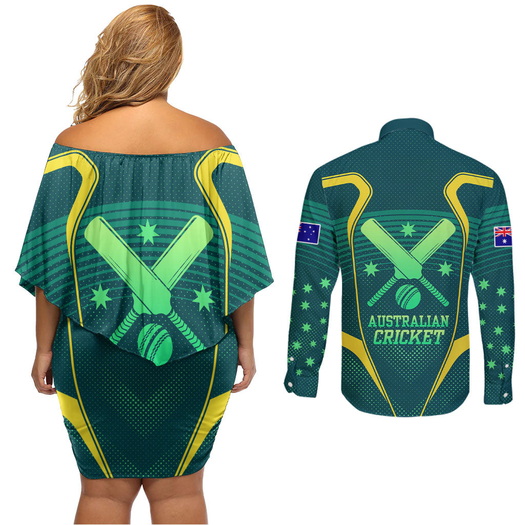 Australian Cricket Couples Matching Off Shoulder Short Dress and Long Sleeve Button Shirt Dark Green Halftone Tech Graphic - Southern Cross Stars