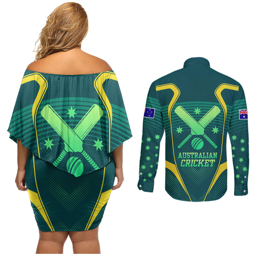 Australian Cricket Couples Matching Off Shoulder Short Dress and Long Sleeve Button Shirt Dark Green Halftone Tech Graphic - Southern Cross Stars