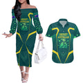 Australian Cricket Couples Matching Off The Shoulder Long Sleeve Dress and Hawaiian Shirt Dark Green Halftone Tech Graphic - Southern Cross Stars