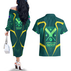 Australian Cricket Couples Matching Off The Shoulder Long Sleeve Dress and Hawaiian Shirt Dark Green Halftone Tech Graphic - Southern Cross Stars